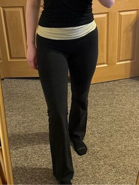 aerie Black Flared Yoga Pants with Metallic Yellow Waistband